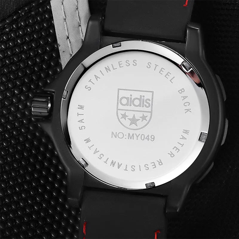 Men's quartz military watch with 45mm round alloy case, silicone band, and luminous dial on a neutral background