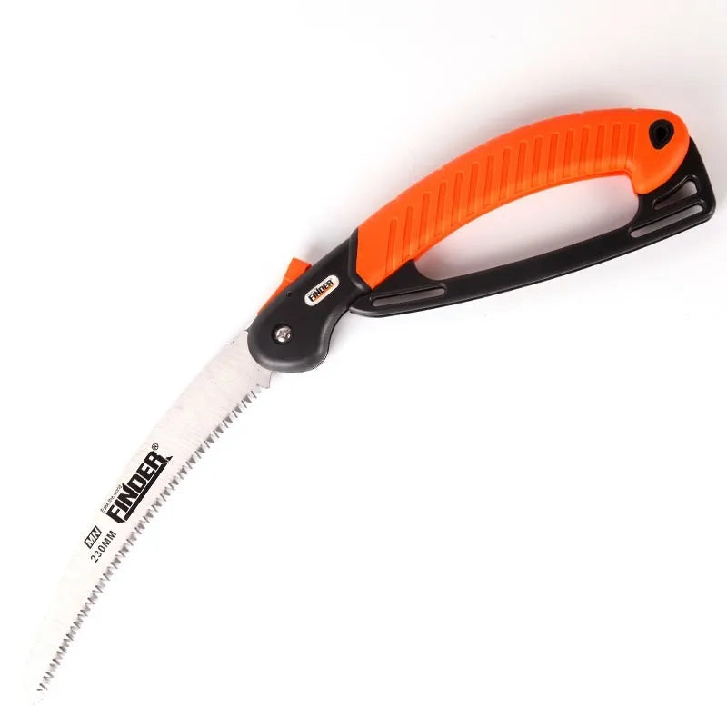 Folding garden hand saw with a 230mm steel blade and black TPR handle, shown both open and closed.