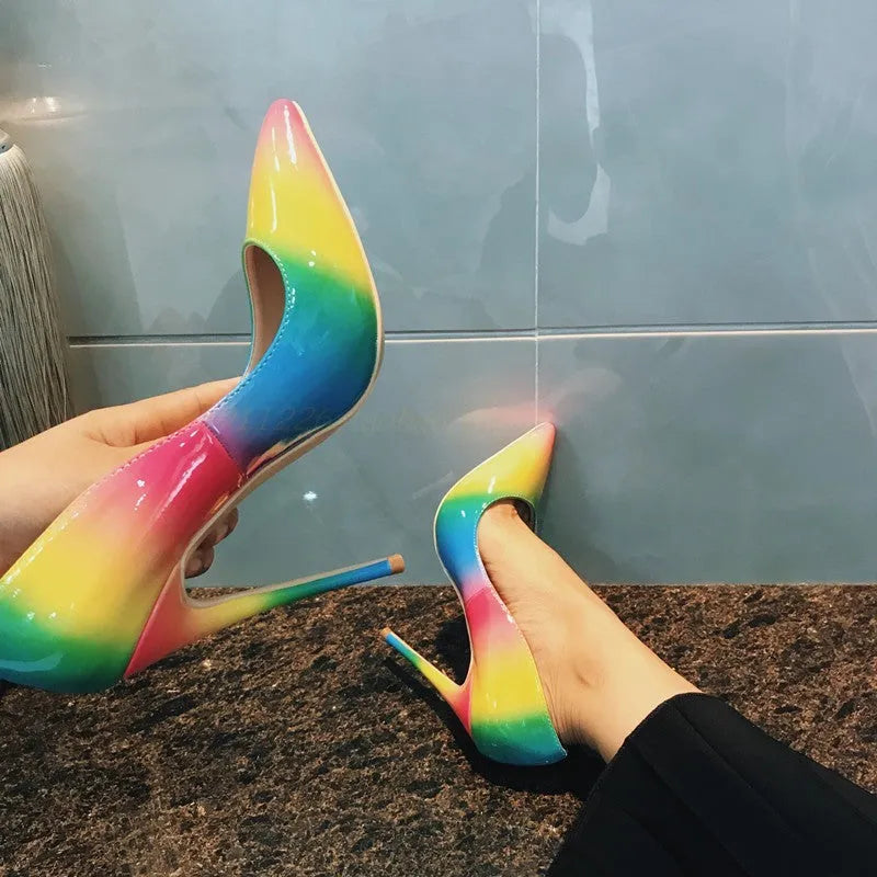 Rainbow patent leather women's high heels with thin stiletto heel and pointed toe