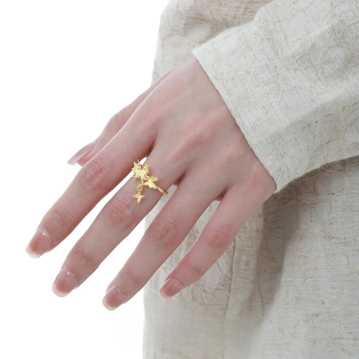 Silver butterfly ring with adjustable opening in gold colour finish