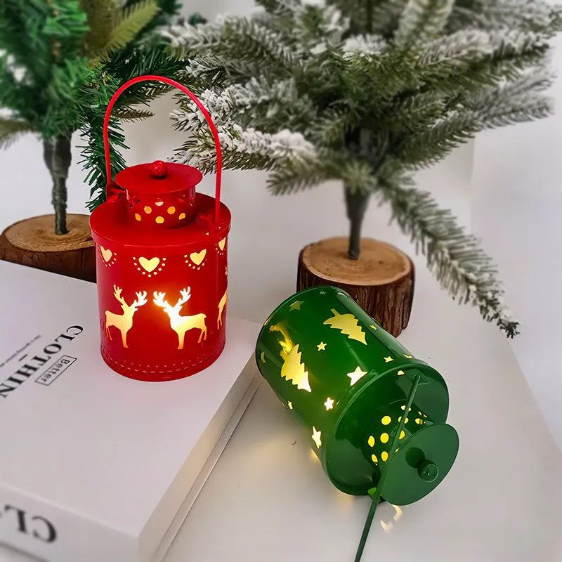 Wrought iron LED candle lantern with flickering light, available in green, white, and red, on a wooden shelf
