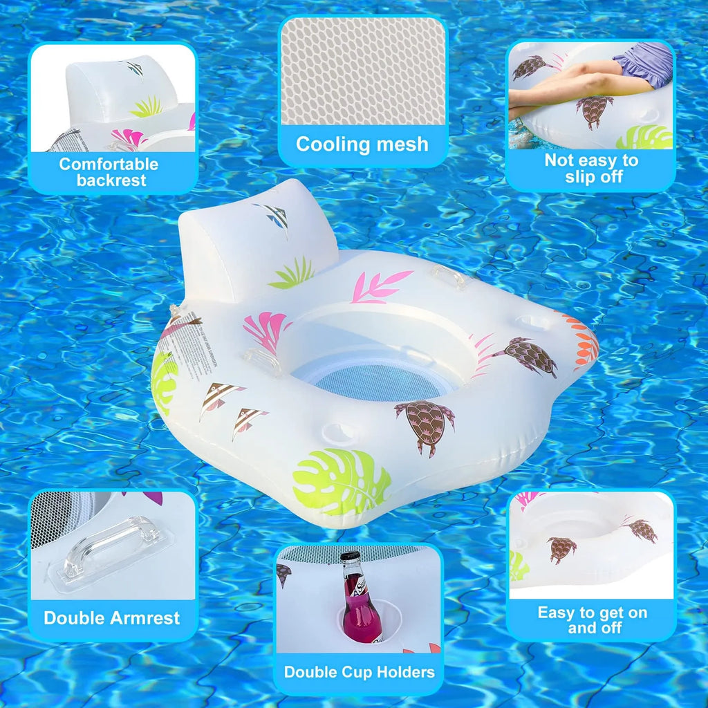 White PVC inflatable U-shaped seat float with glowing edges on water.