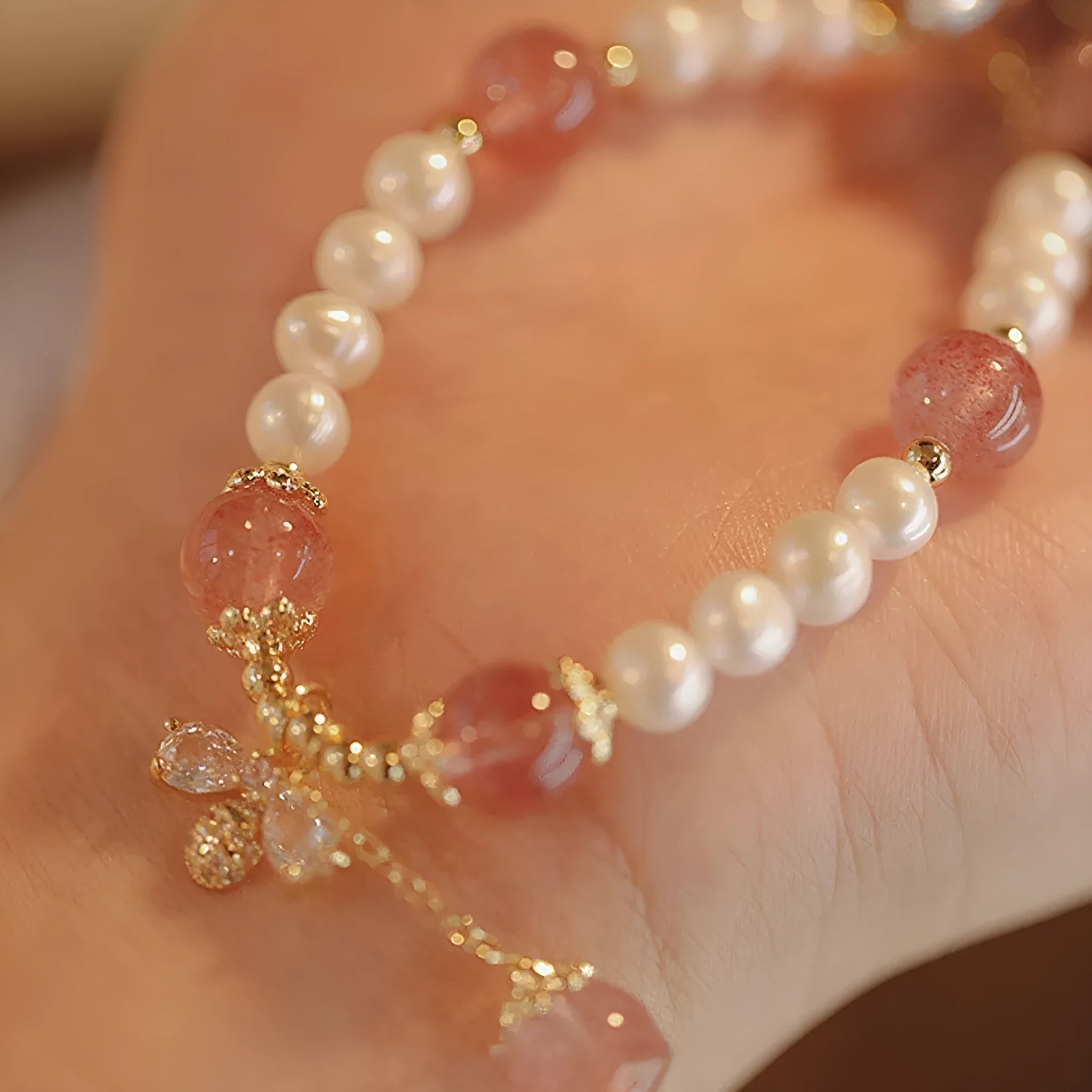 Crystal strawberry quartz stringed pearls bracelet with bow for women summer INS style