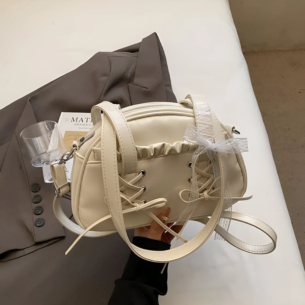 Ladies bandage bow shoulder handbag in PU leather with mobile phone pocket interior
