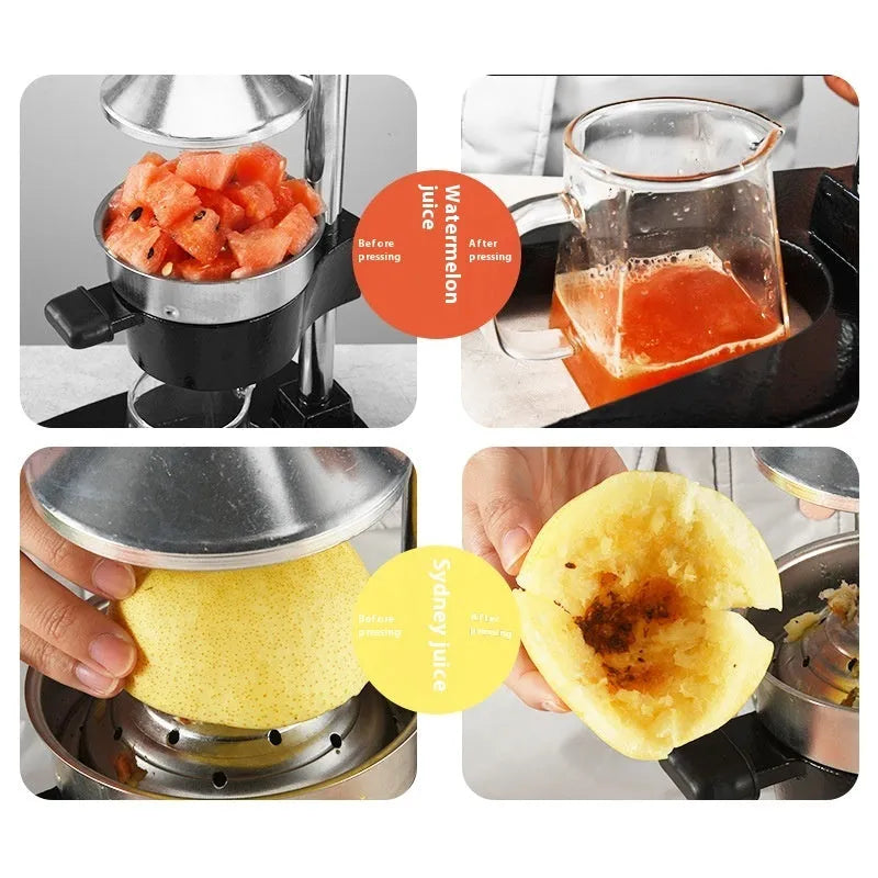 Tall black manual citrus juicer with cast iron base and stainless steel cone on a kitchen counter.