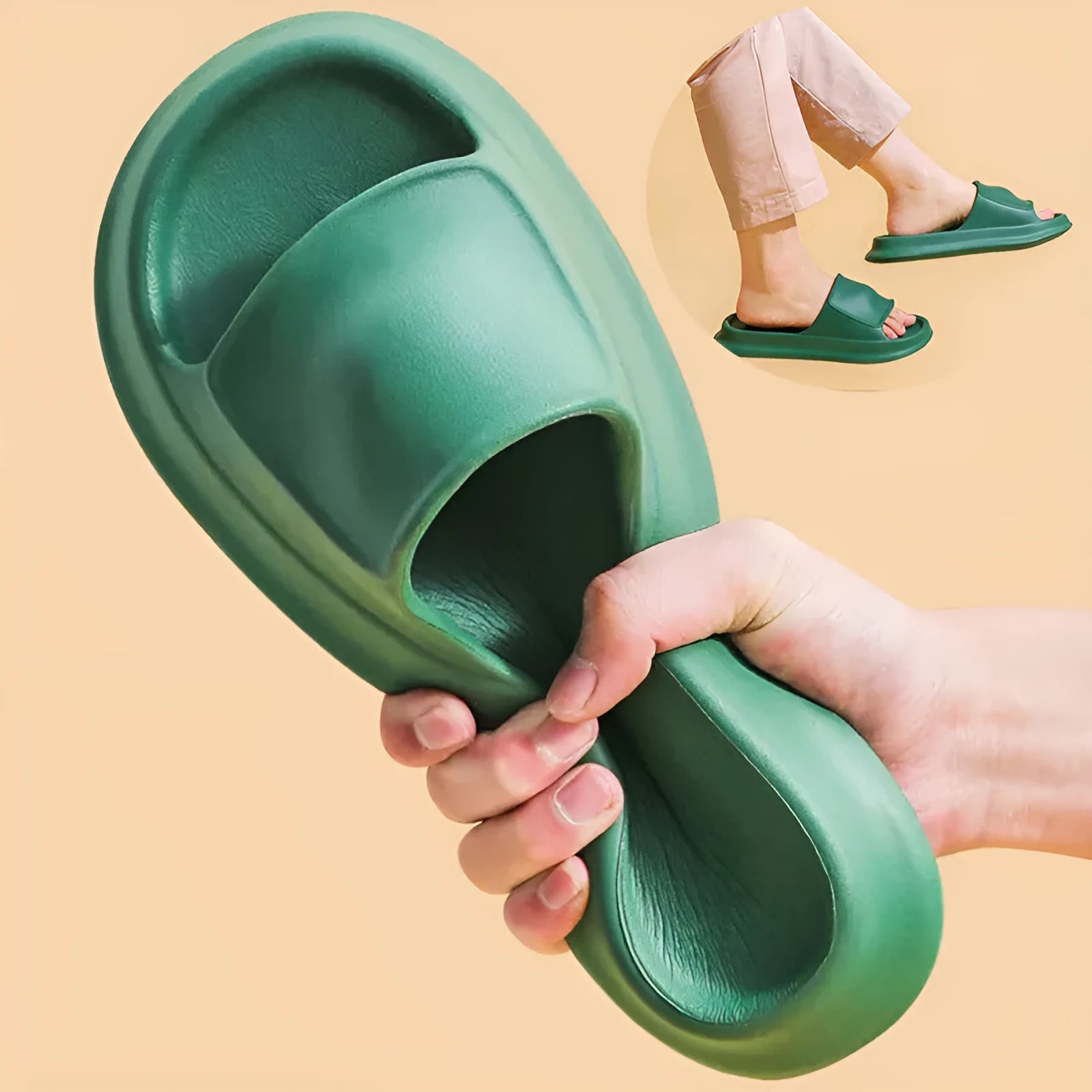 Thick-soled EVA foam flip-flop slippers for men and women in assorted colours on a white background.
