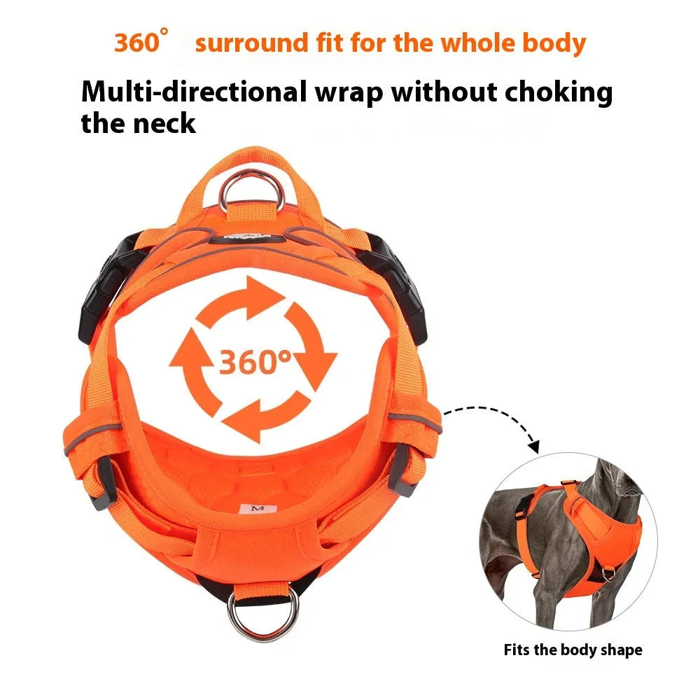 Dog hand holding rope vest harness in orange with reflective round rope and Oxford cloth construction
