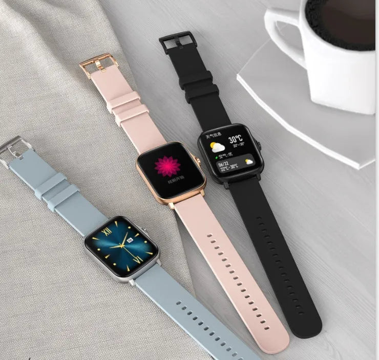 Black smart watch with a 1.7-inch colour touch screen on an adjustable strap, showing a fitness tracking interface.