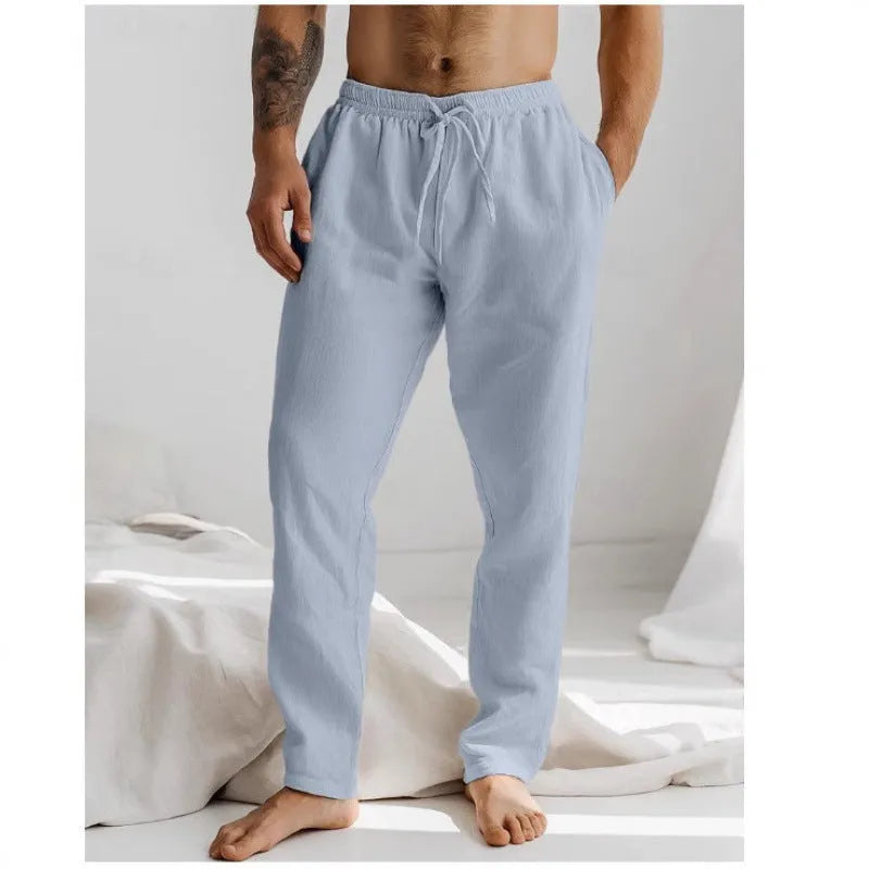 Men's cotton and linen elastic waist trousers in solid colour, loose straight leg summer pants