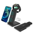 White 3-in-1 wireless charging station showing phone, Apple Watch and AirPods charging simultaneously.