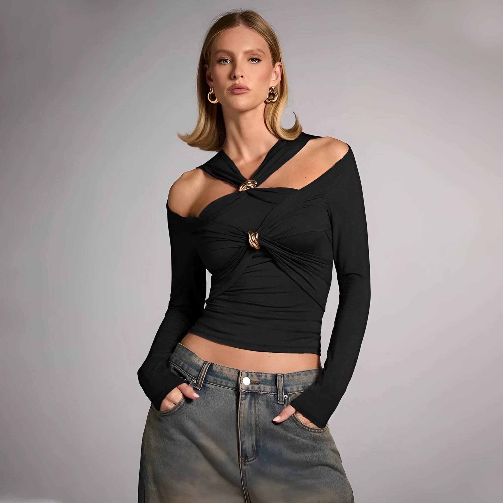 Black women's slim-fit halter top with long sleeves on a model.