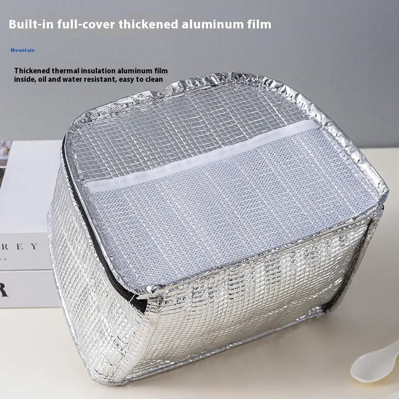 Insulated large capacity lunch box bag in textured cloth, shown in multiple colour options.