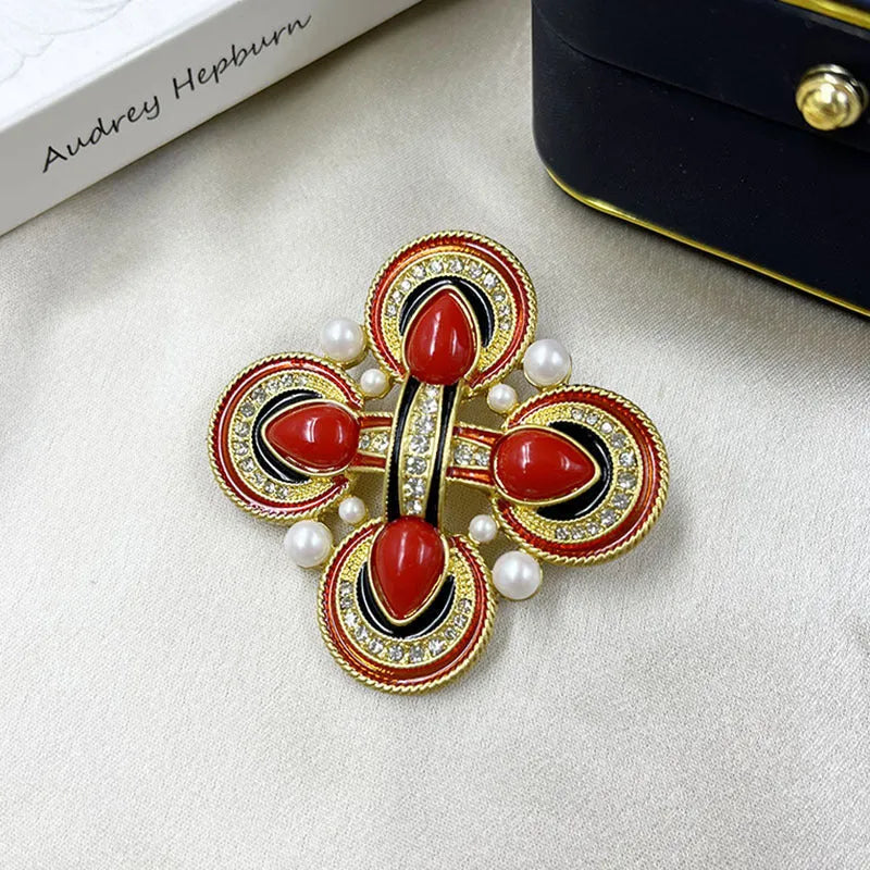 Medieval Baroque style cross brooch with crystal detailing on zinc alloy base
