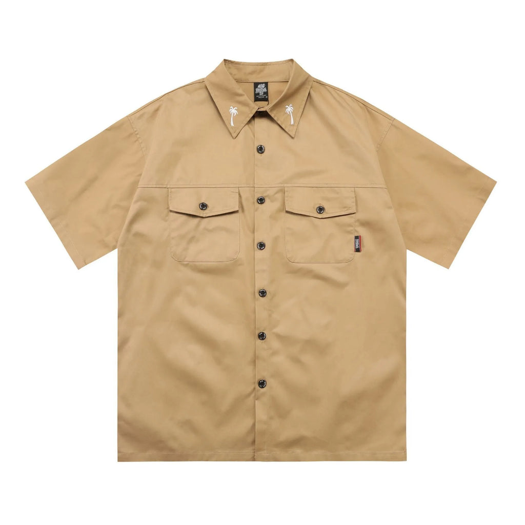 Men's loose embroidered pocket shirt in black, half sleeve cotton blend work shirt