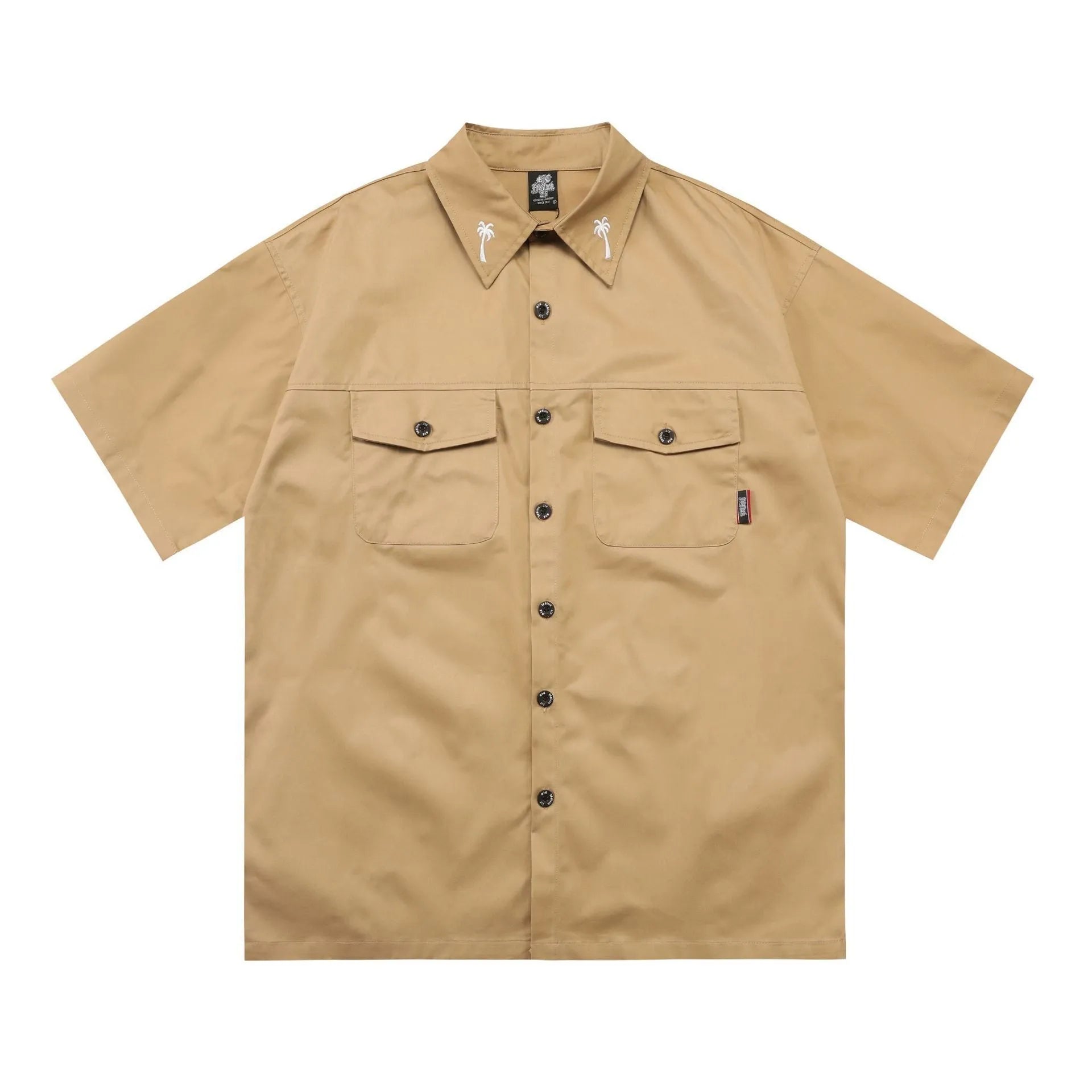 Men's loose embroidered pocket shirt in black, half sleeve cotton blend work shirt