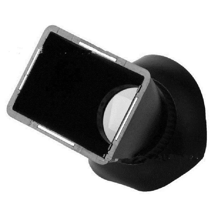 Black camera LCD viewfinder with magnification lens mounted on a DSLR camera.