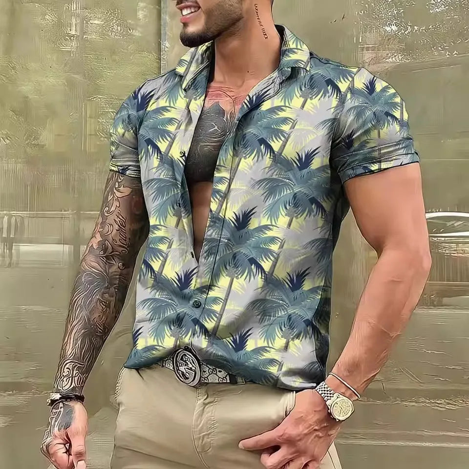 Man wearing a loose-fitting short sleeve shirt with a floral digital print pattern.