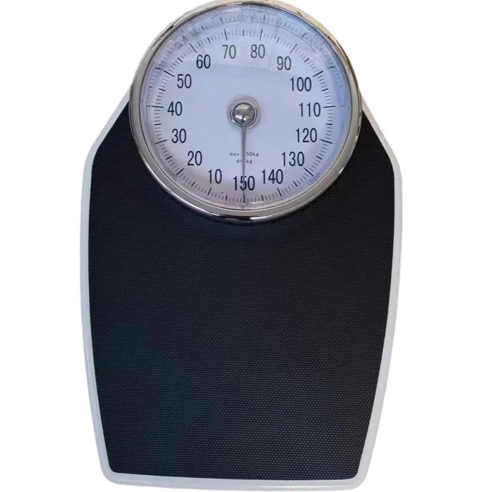 Black mechanical bathroom weighing scale with large dial on 47x35 cm platform