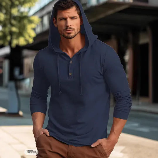 Casual cotton sports hoodie top in dark blue, showing front pullover design with hood and long sleeves.