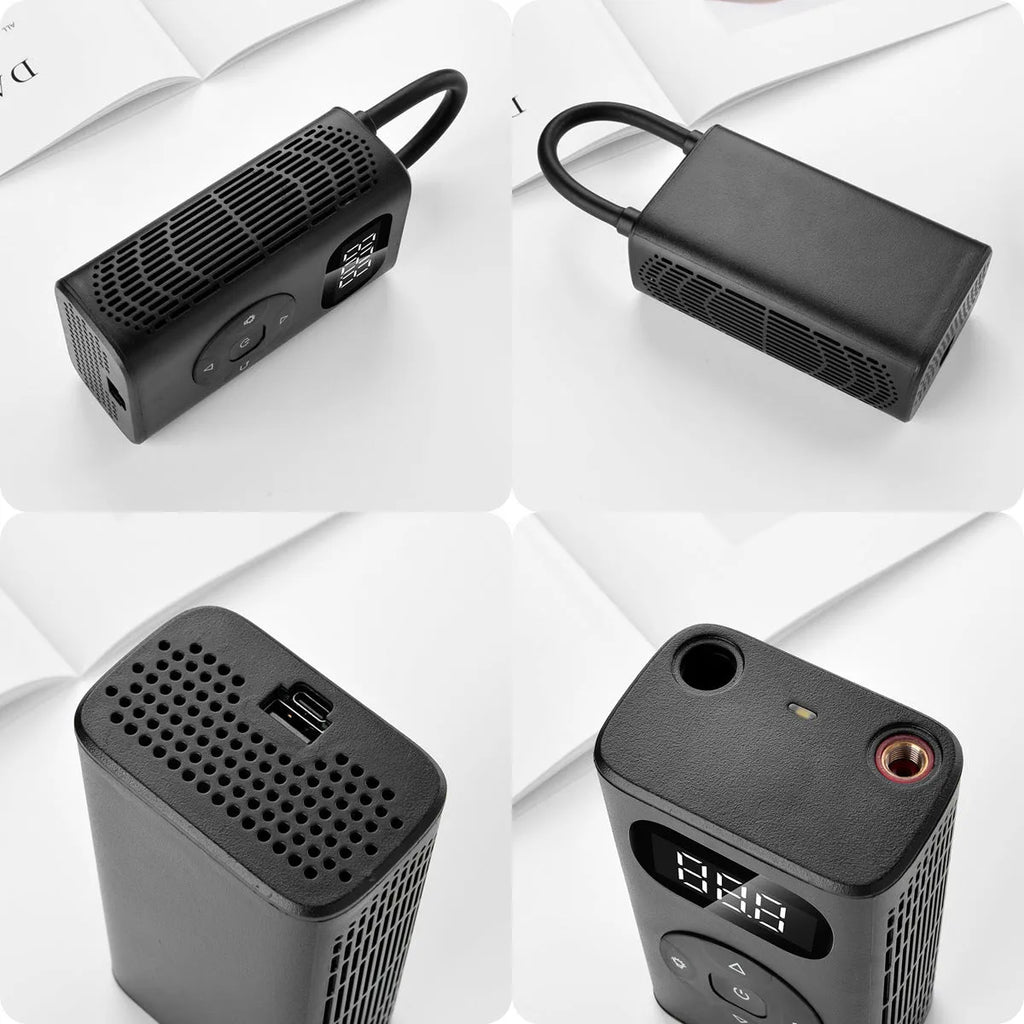 Black portable power bank tyre inflator with digital display and 16cm hose for car motorcycle bicycle
