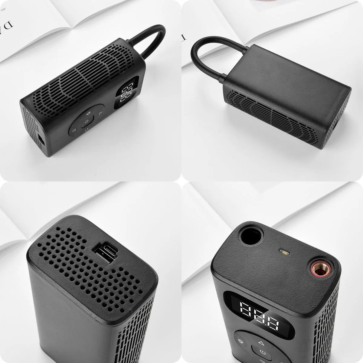 Black portable power bank tyre inflator with digital display and 16cm hose for car motorcycle bicycle