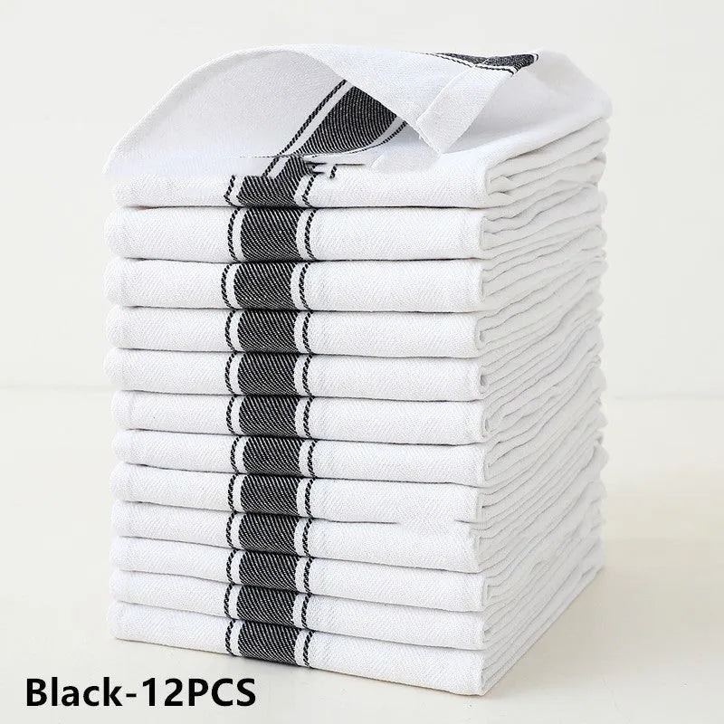 Pack of 12 striped cotton dish towels in assorted colours, showing dimensions of 48cm by 70cm.
