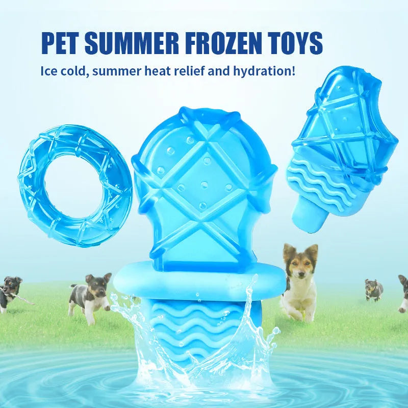 Summer ice cold dog popsicle cooling pet toy set with water-filled stick, pacifier, popsicle, and ring shapes