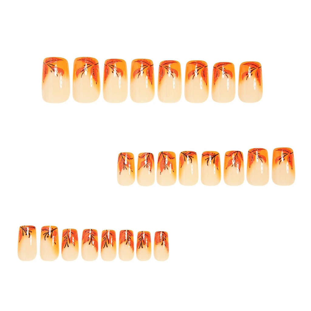 Red brown gradient leaf French style fake nails on hand, medium size, W926 model