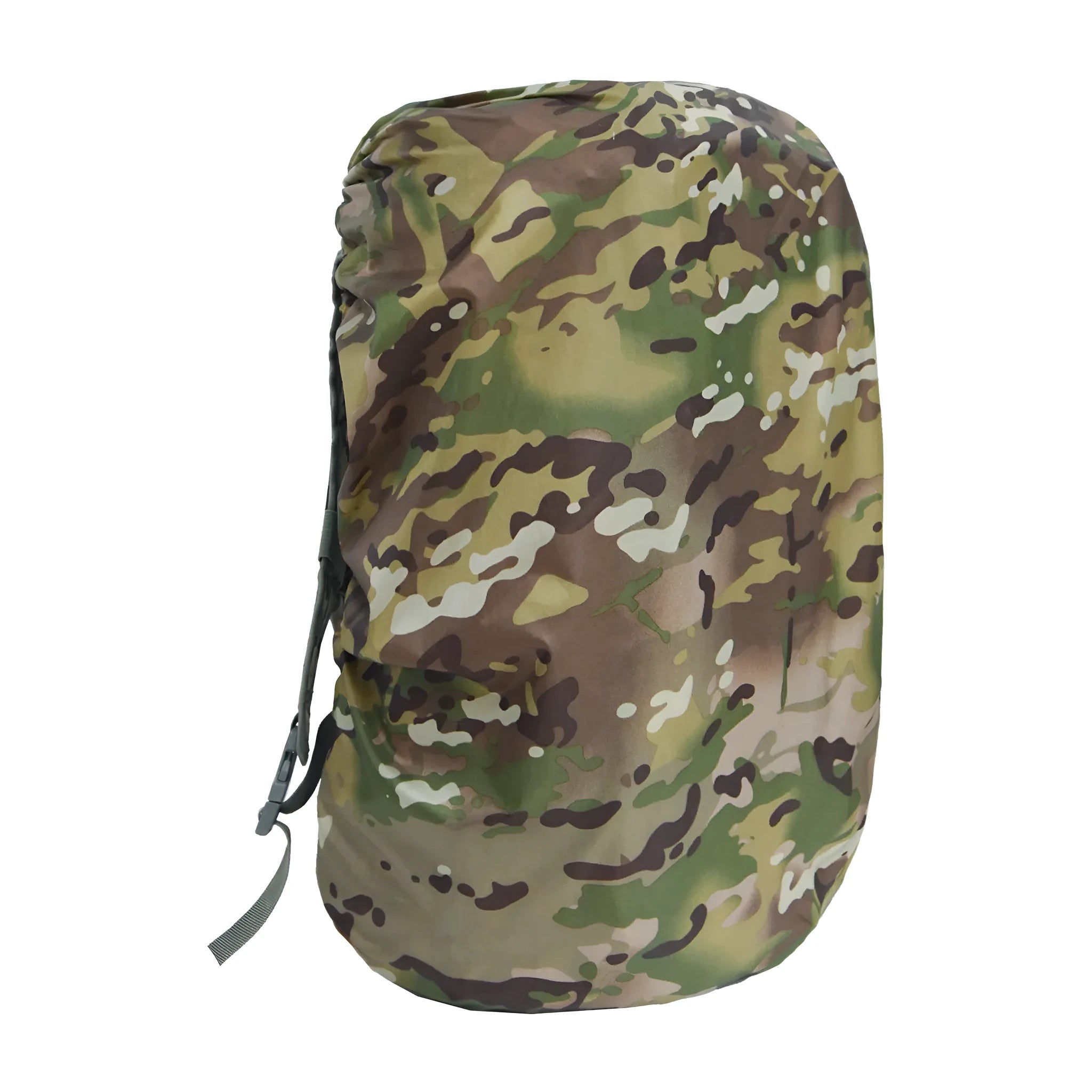 Army green waterproof rain cover for a large 80 litre backpack on a hiking trail.