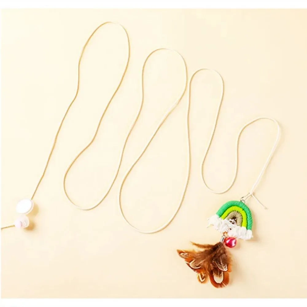 Feather cat rope door swing toy with elastic sticky buckle, available in blue, green, and pink
