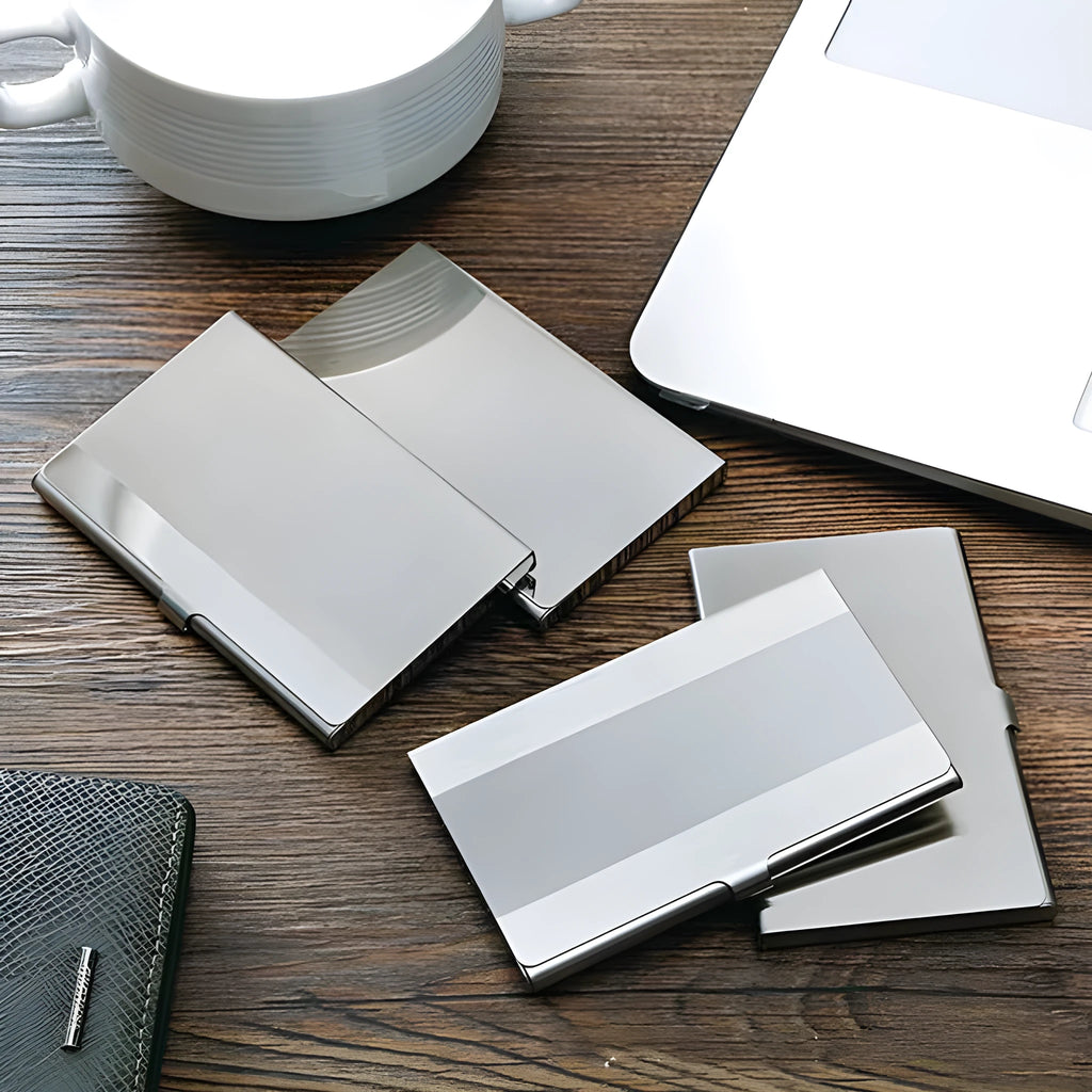 304 stainless steel laser-sculpted business card case with geometry pattern.