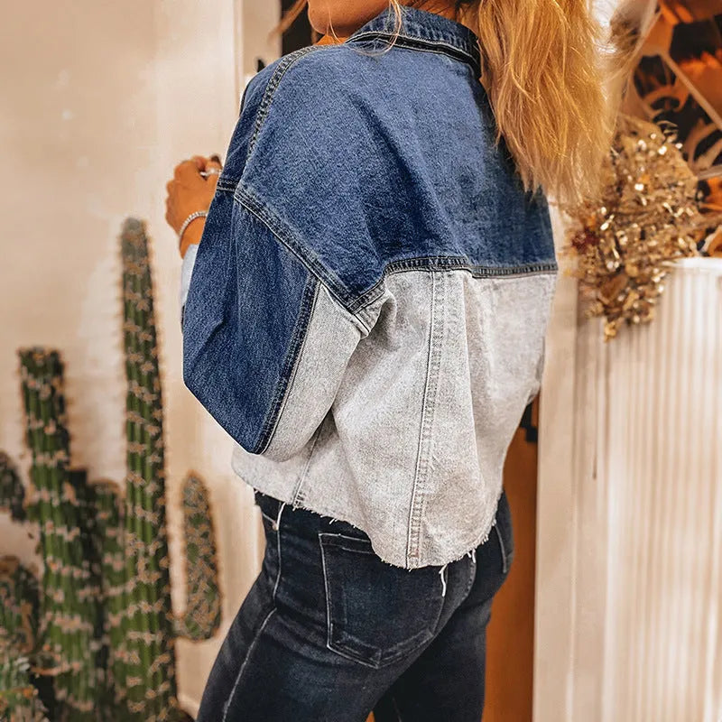 Single row multi-buckle denim coat for women, loose fit cotton jacket in colour matched pattern