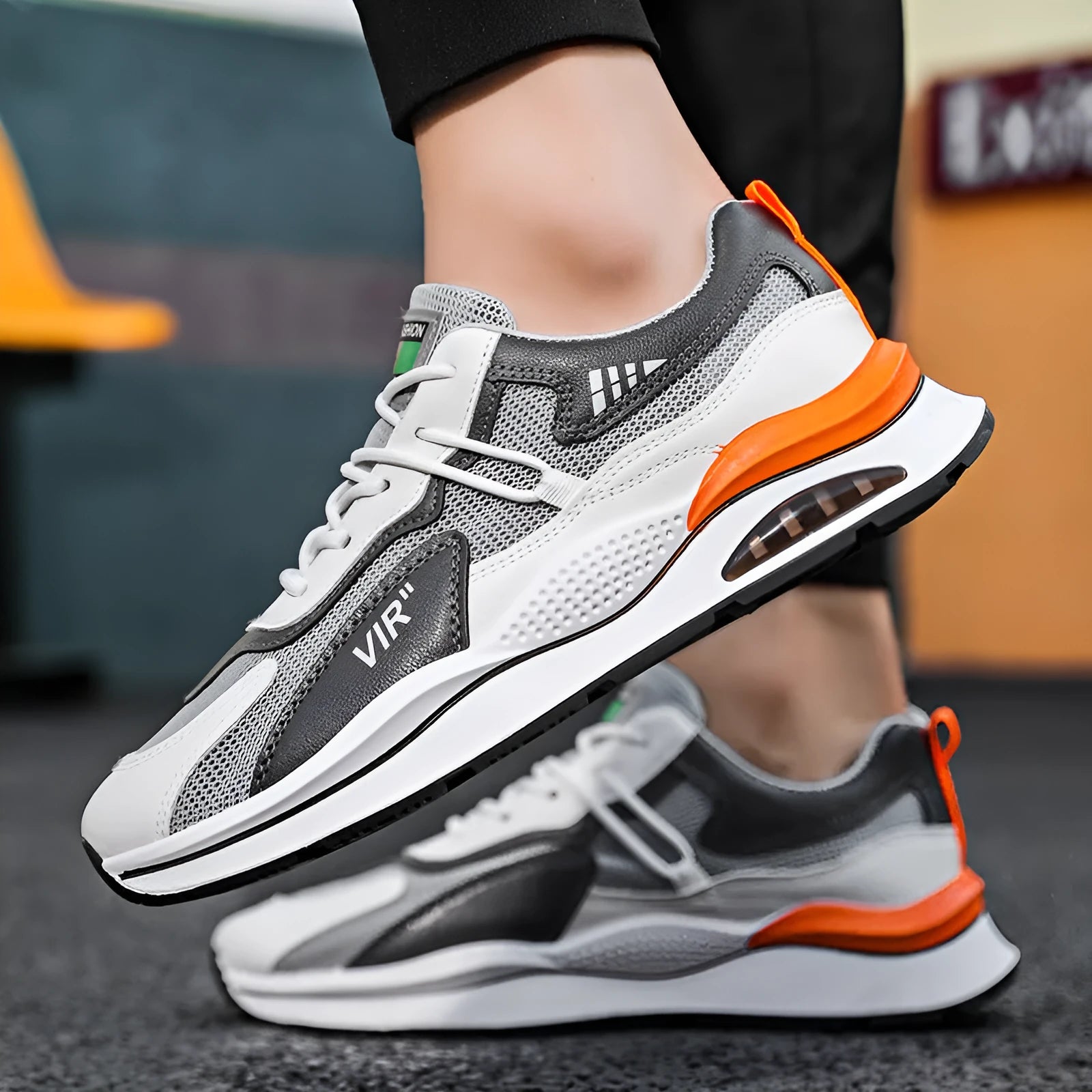 Men's grey mesh running shoes with round toe and lightweight EVA sole
