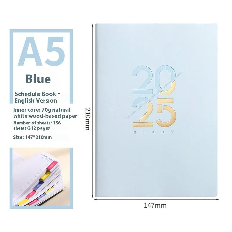 A5 2025 daily schedule book with faux leather cover in blue colour, open to show lined pages and thread binding.
