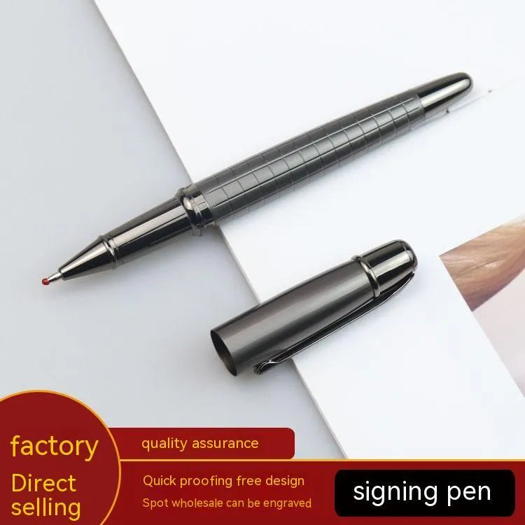 Business metal roller pen gun gray with black refill on white background, 13.5cm length