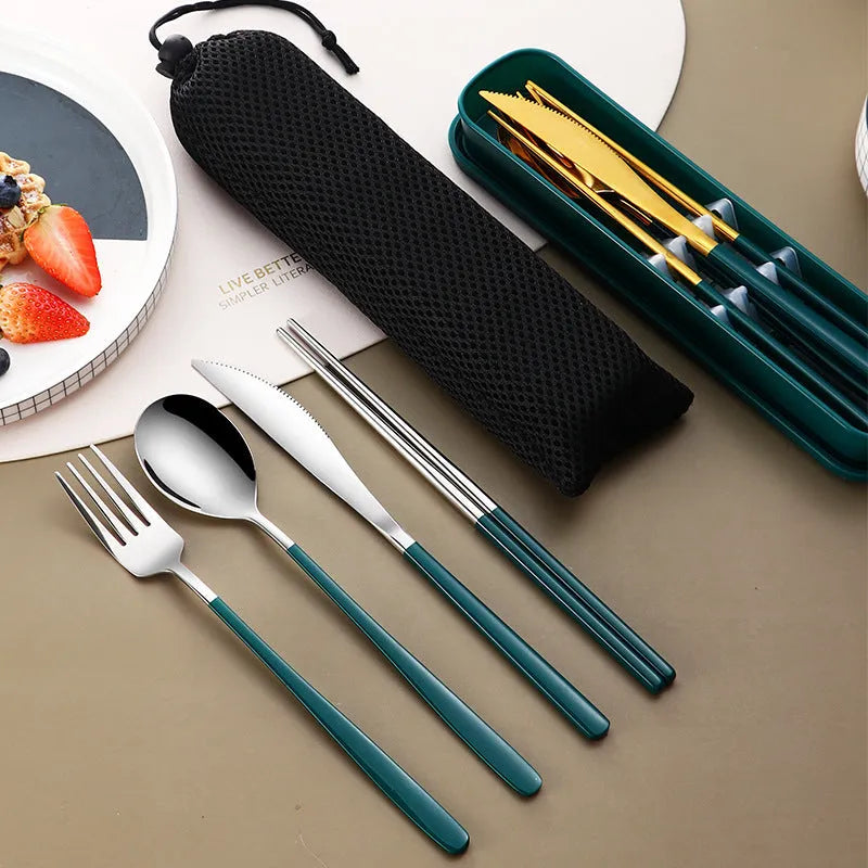304 stainless steel portable cutlery set with knife fork spoon and gold mesh bag on table