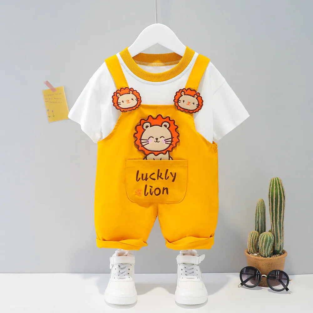 Cotton baby cartoon overalls in khaki with adjustable straps, shown on size chart for 70cm to 110cm.