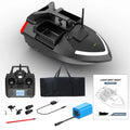 Black remote control GPS fishing boat with LED light on deck, shown with remote control.