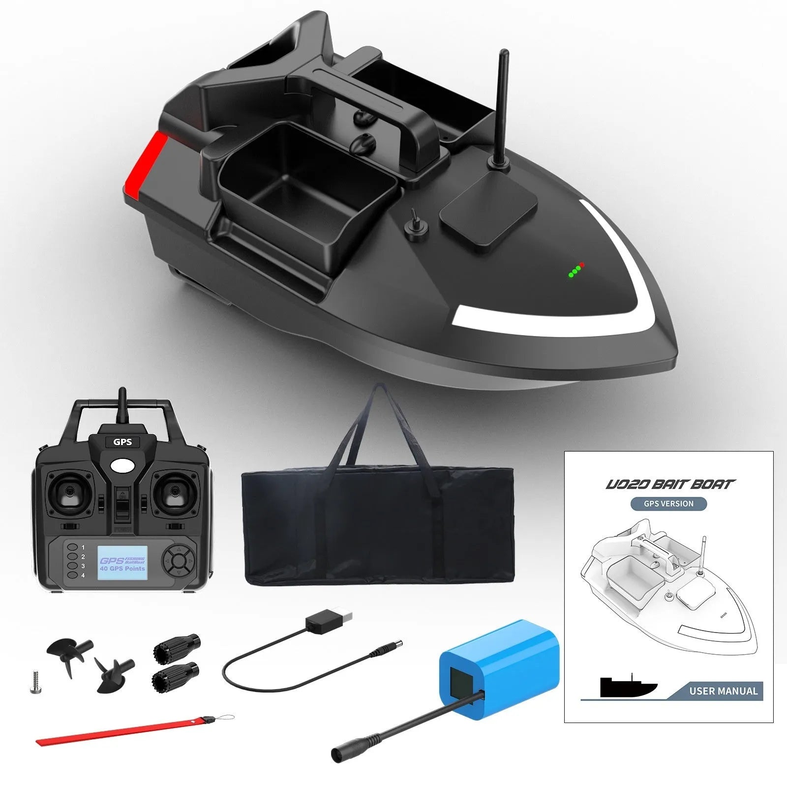Black remote control GPS fishing boat with LED light on deck, shown with remote control.