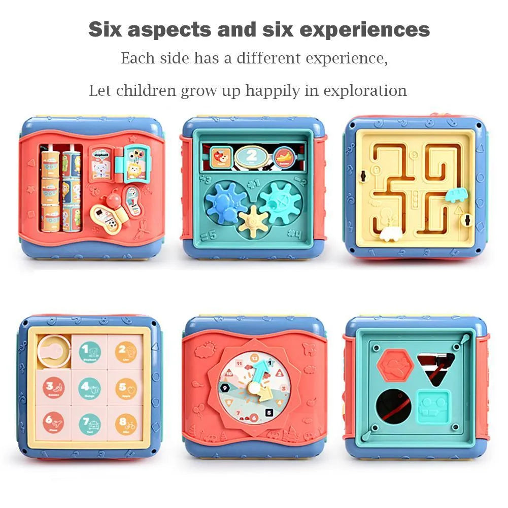 Colourful six-sided Montessori educational activity cube for babies with bead maze and gears