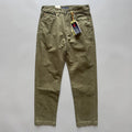 Men's straight leg casual cotton trousers in army green colour, showing mid waist and full length.