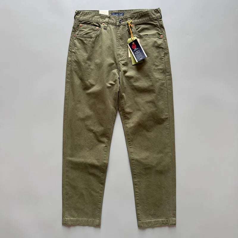 Men's straight leg casual cotton trousers in army green colour, showing mid waist and full length.