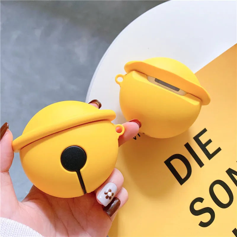 Yellow silicone bell-shaped protective case for AirPods and universal headphones.