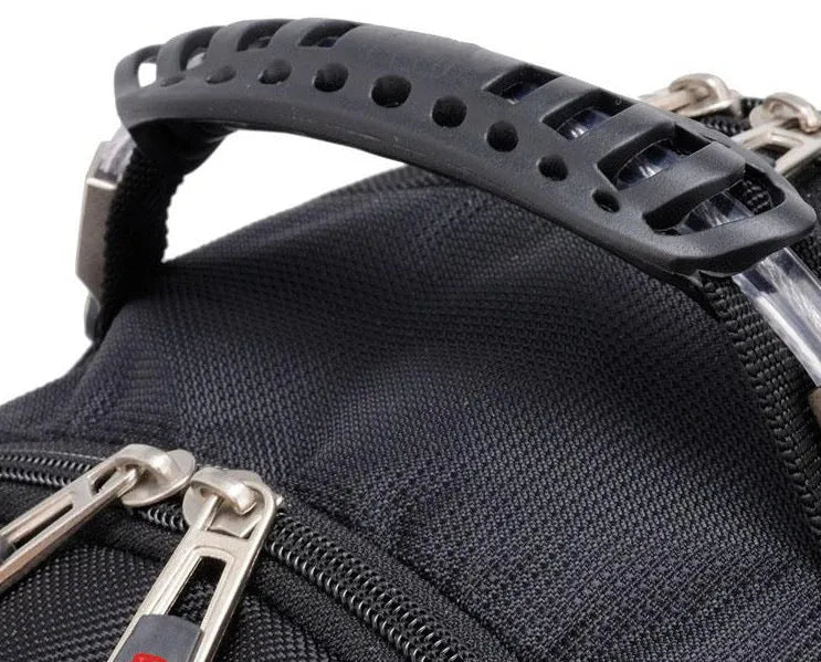 Black business backpack open to show three internal compartments and laptop sleeve