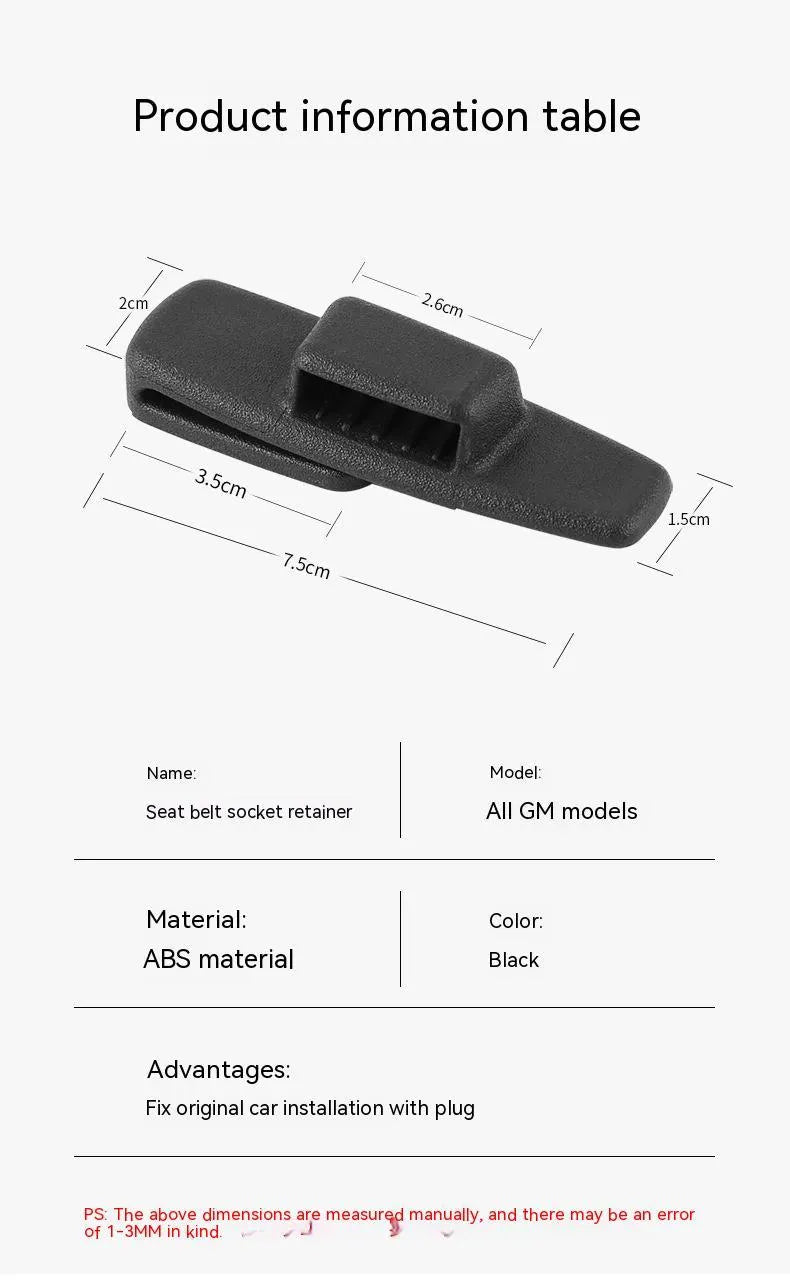 Two black ABS car safety belt stopper universal clips for seat belt adjustment, supplied in OPP bag