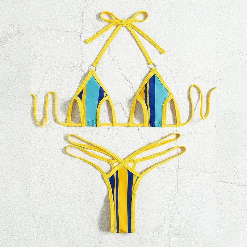 Yellow women's split swimsuit with neck-hanging style and hollow design