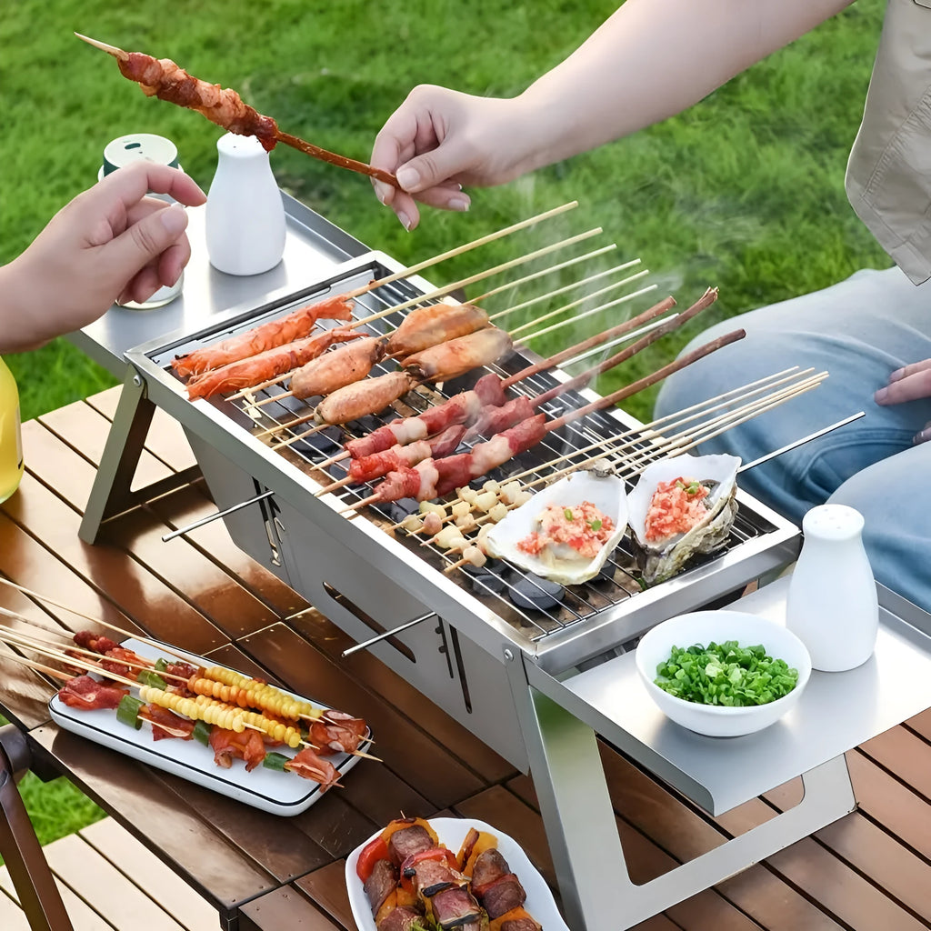 Small folding portable charcoal barbecue grill shown open for use and collapsed for storage
