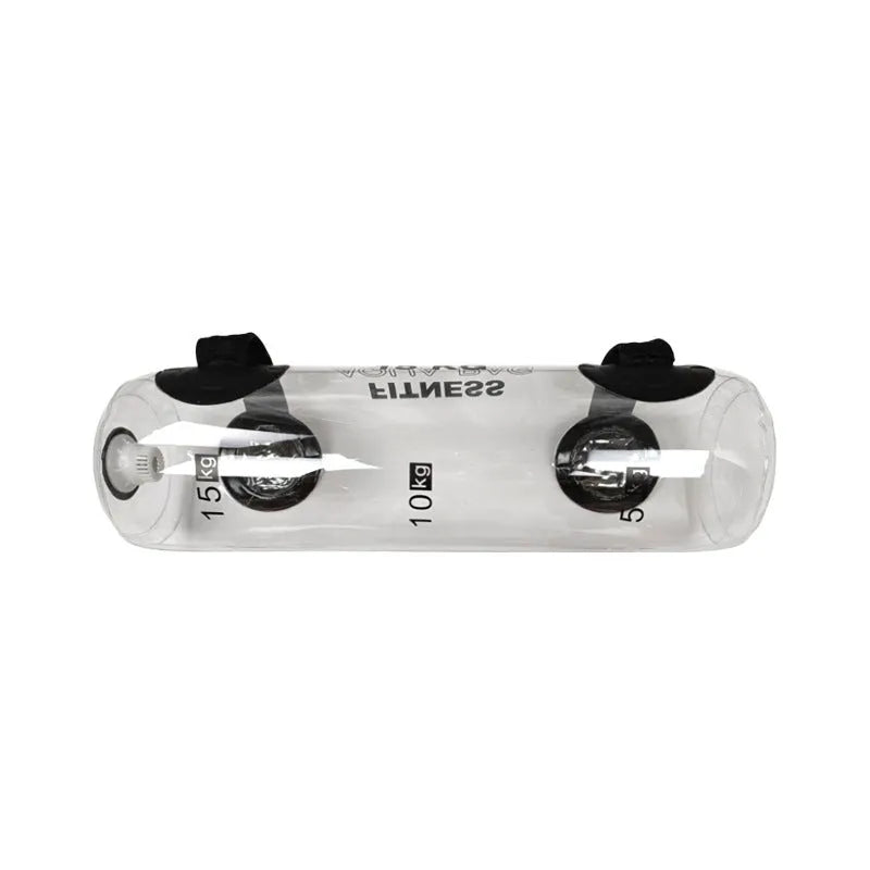 Transparent PVC inflatable weight lifting bag filled with water, showing soft dumbbell form.