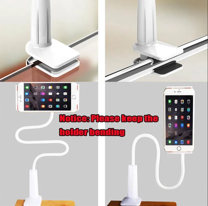 Black bedside phone mount with long flexible arm and saddle base holding a mobile phone.