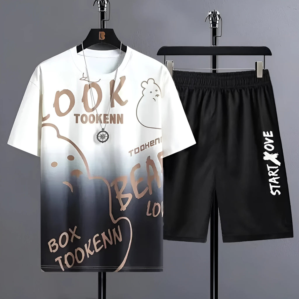 Men's polyester shorts suit summer set with short sleeves and matching shorts in light fabric